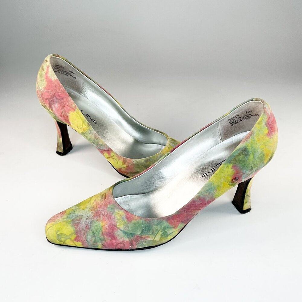 Bellini Tamesis Embossed Leather Block Kitten Heels Shoes Floral Yellow Pink 7.5